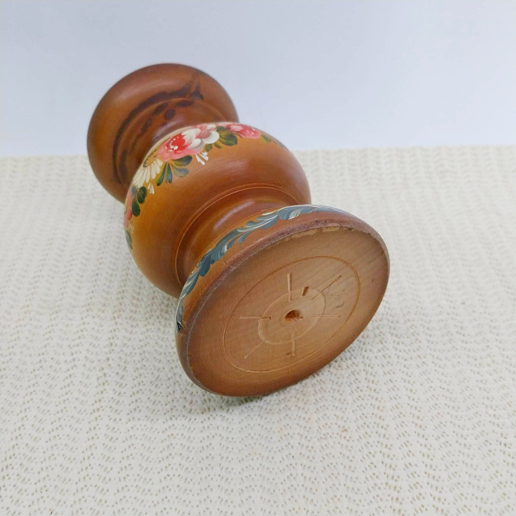 Vintage Wooden Candle Holder with Folk Art Painting — 15 cm