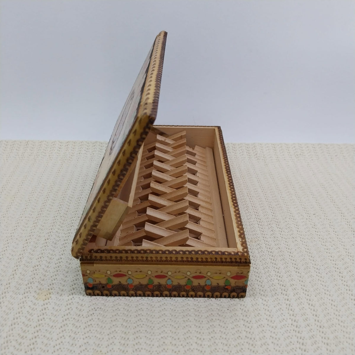 Wooden Cigarette Box with Pyrography — Bulgaria, 1970s