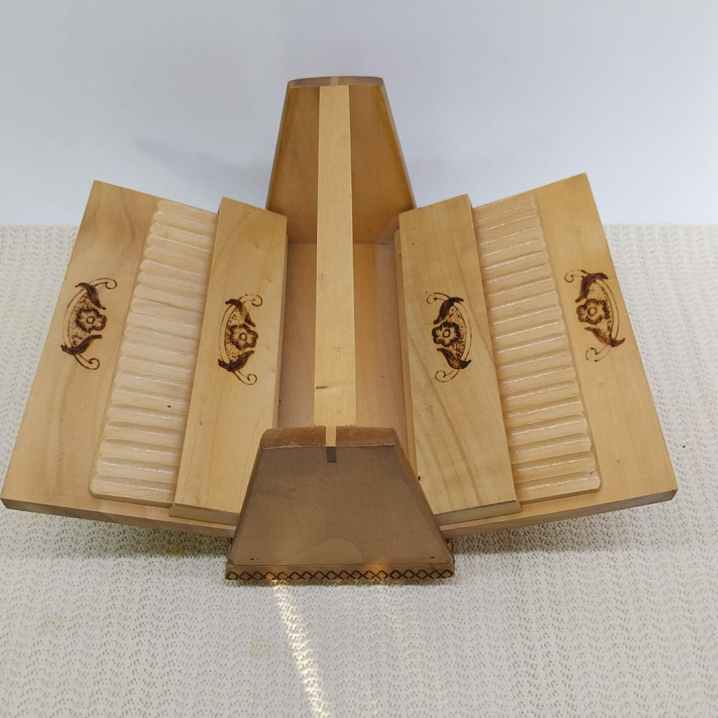Wooden expanding cigarette box with pyrography — closed, front view