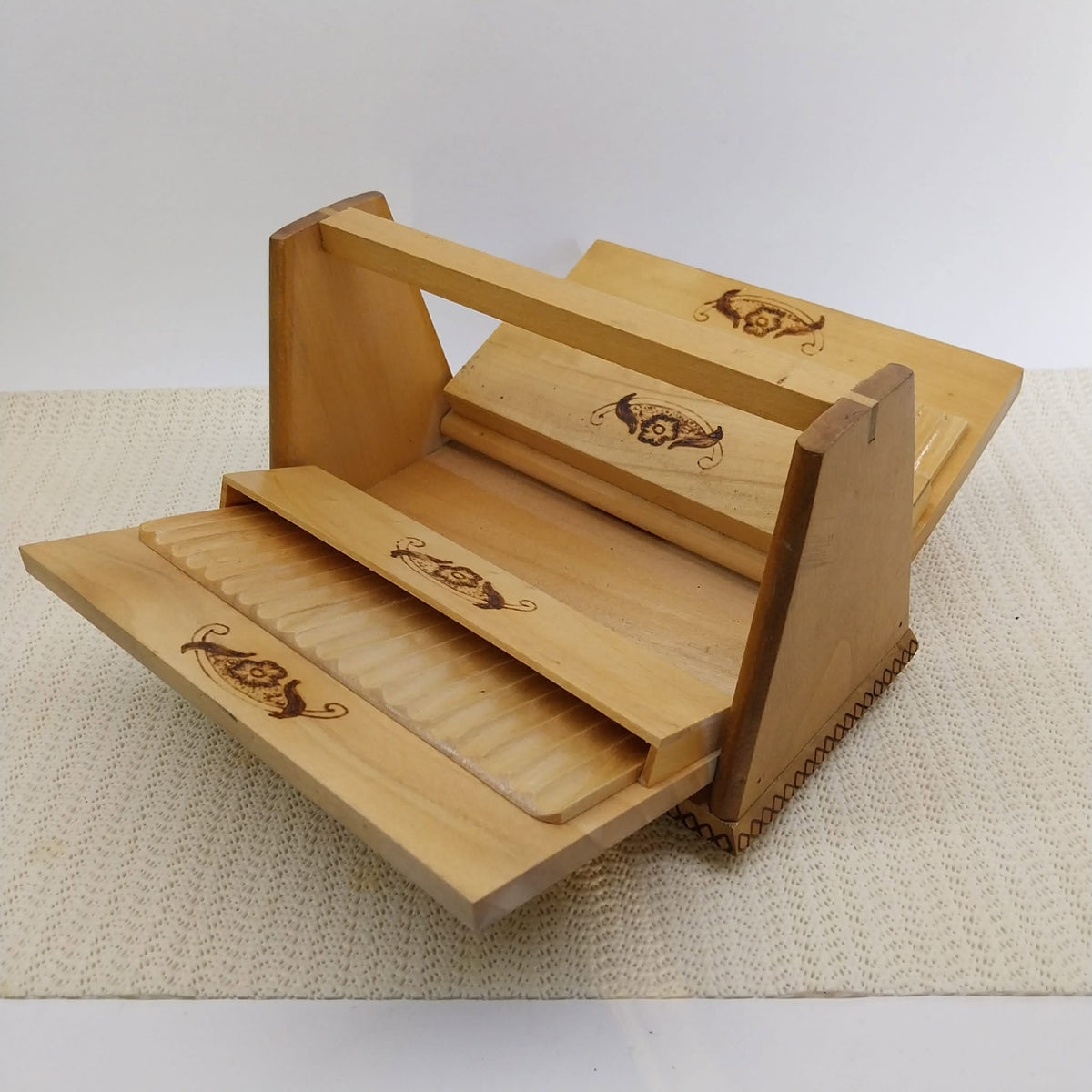 Wooden Expanding Cigarette Box with Pyrography — Bulgaria, 1970s