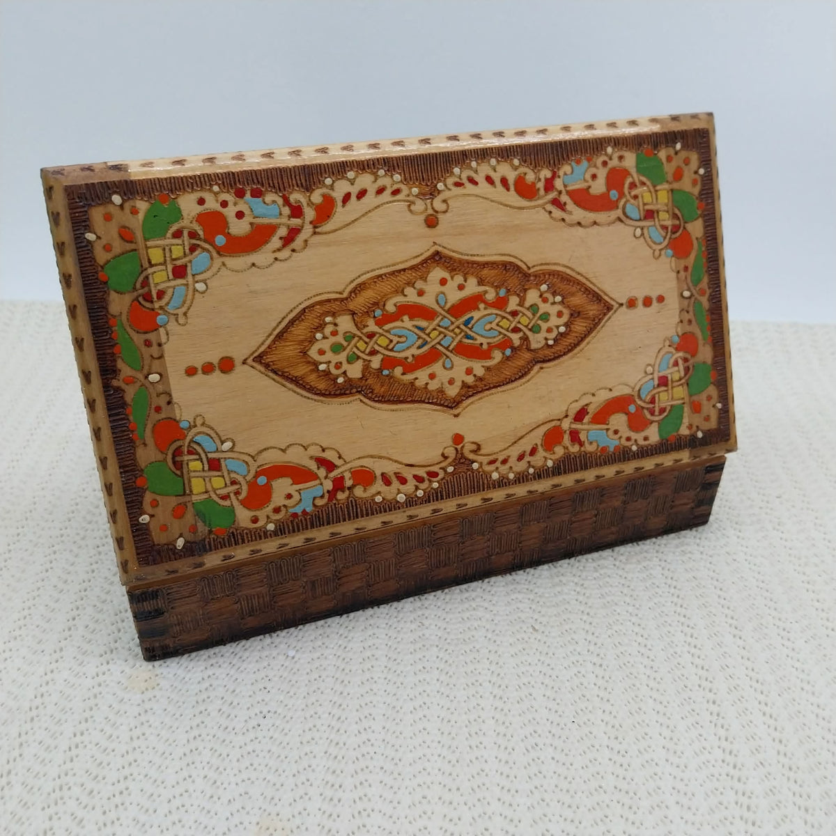 Wooden Cigarette Box with Pyrography — Bulgaria, 1970s