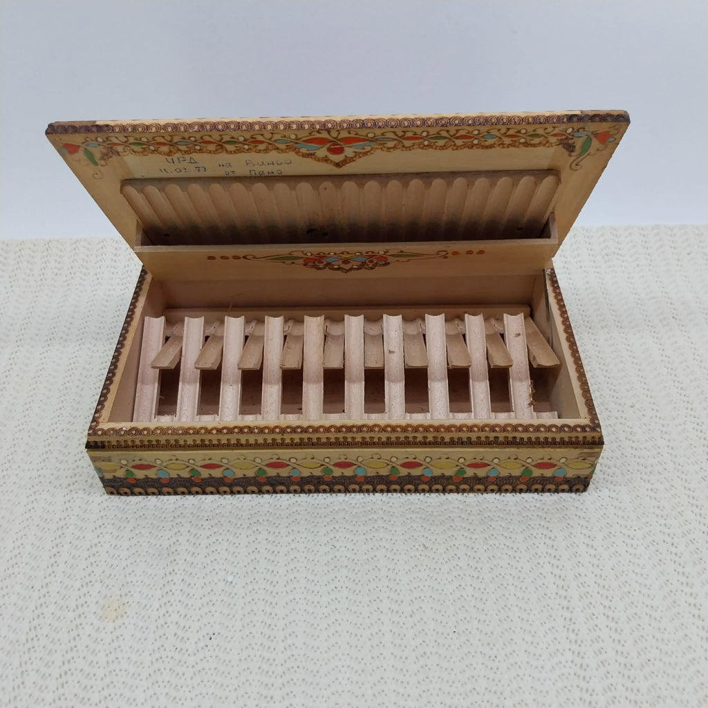 Wooden Cigarette Box with Pyrography — Bulgaria, 1970s