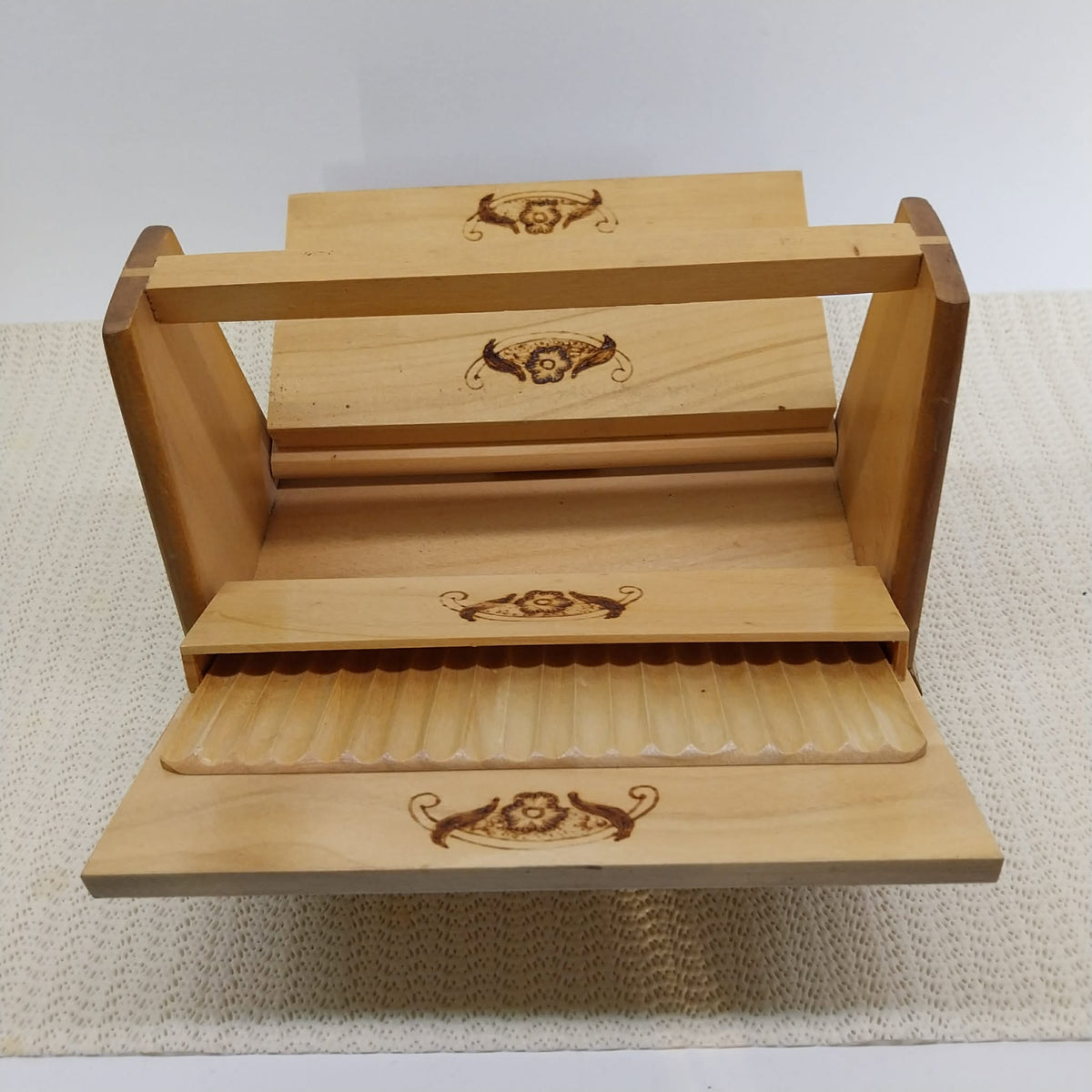 Wooden Expanding Cigarette Box with Pyrography — Bulgaria, 1970s