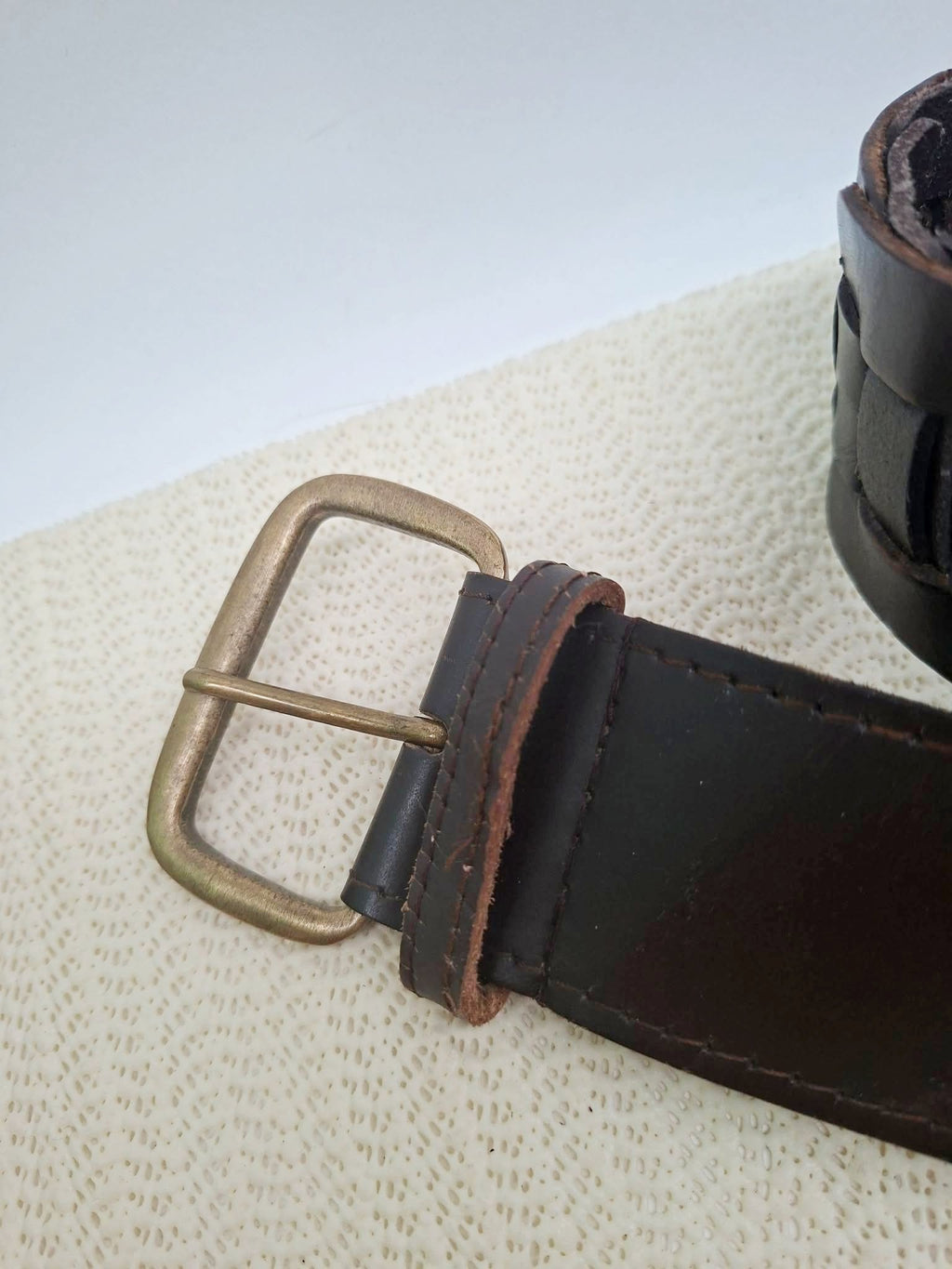 Vintage Brown Woven Leather Belt with Brass Buckle