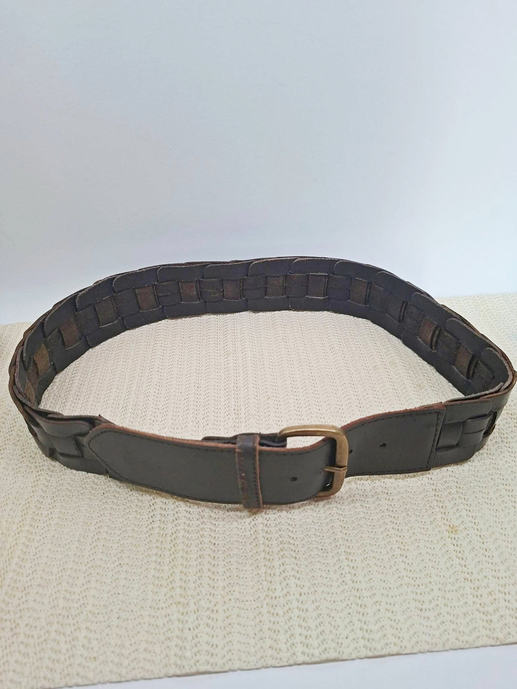 Vintage Brown Woven Leather Belt with Brass Buckle