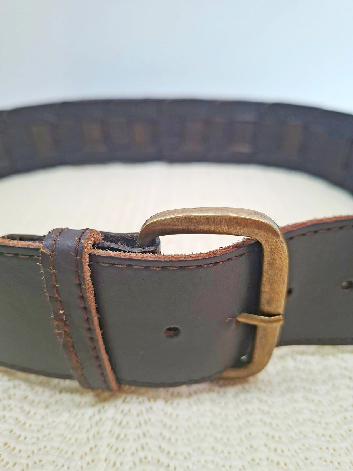 Vintage Brown Woven Leather Belt with Brass Buckle