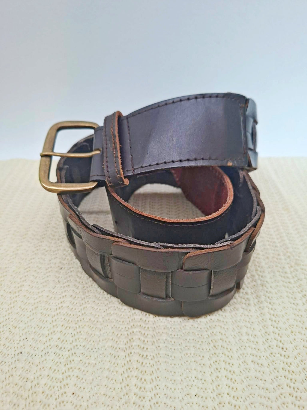 Vintage Brown Woven Leather Belt with Brass Buckle