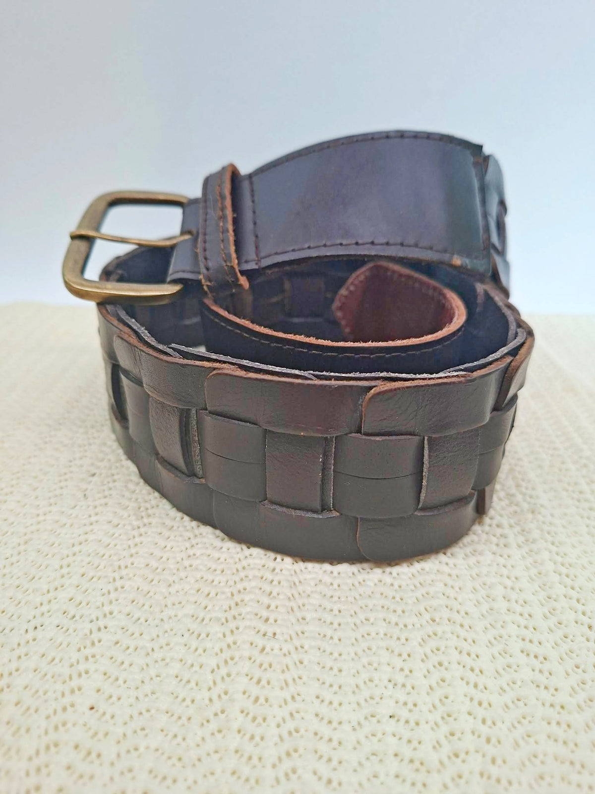 Vintage Brown Woven Leather Belt with Brass Buckle