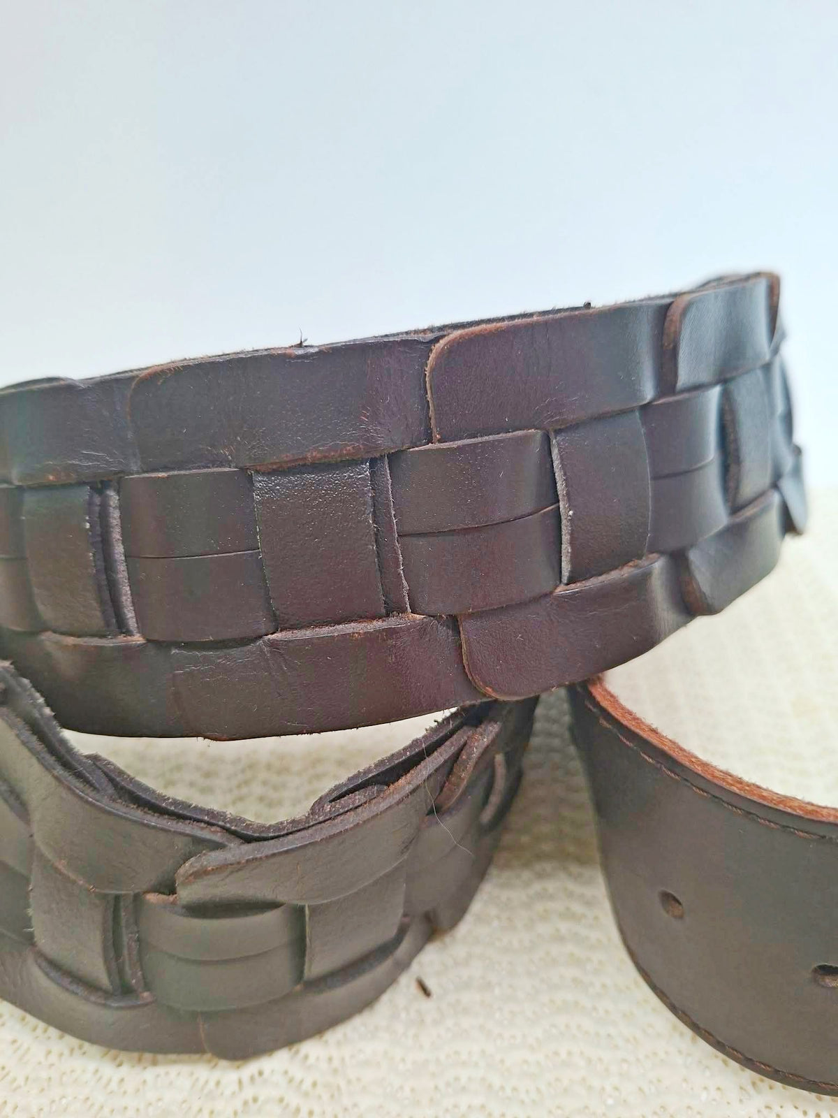 Vintage Brown Woven Leather Belt with Brass Buckle
