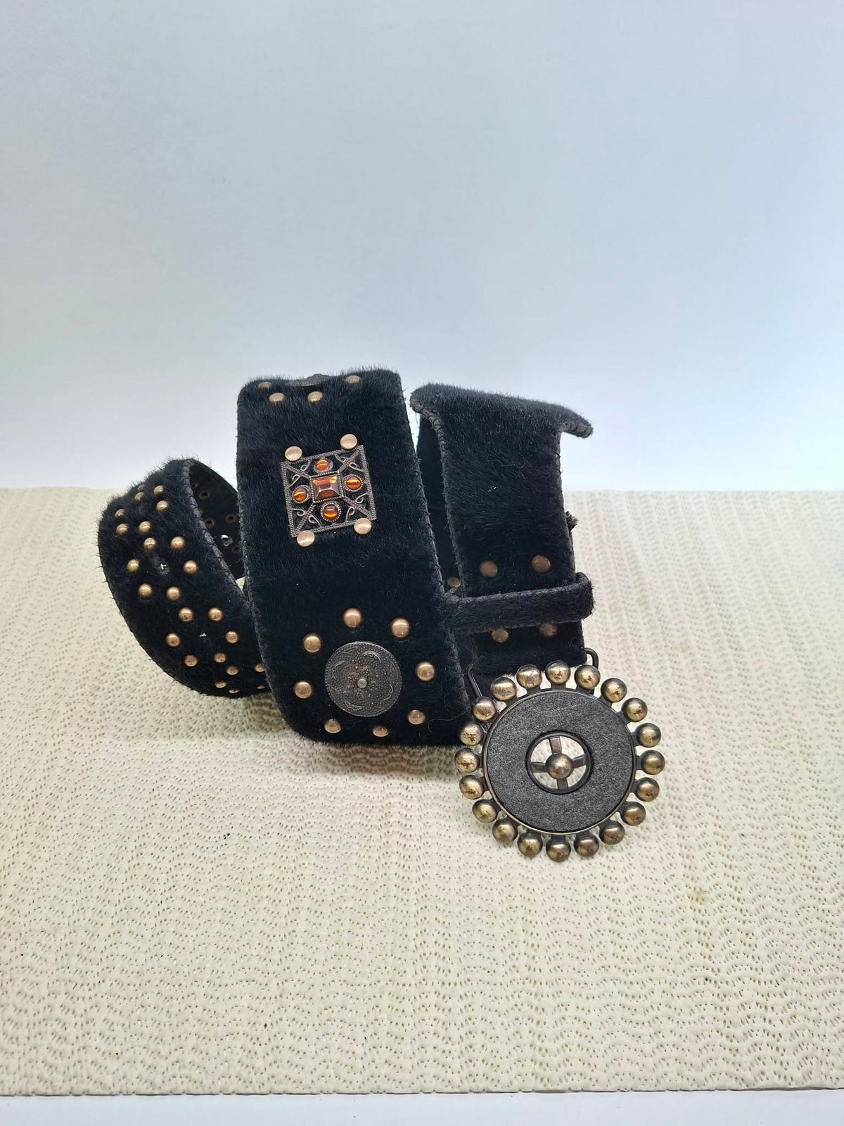 Vintage Black Fur Viking Style Belt with Brass Studs & Round Buckle