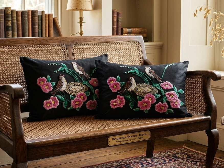 Two uniquely beautiful vintage pillowcases, Decorative pillowcases with handmade velvet decoration