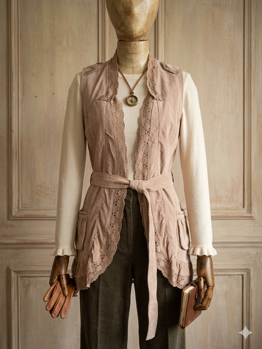 Vintage suede vest from France, from the 80s, decorated with crocheted lace