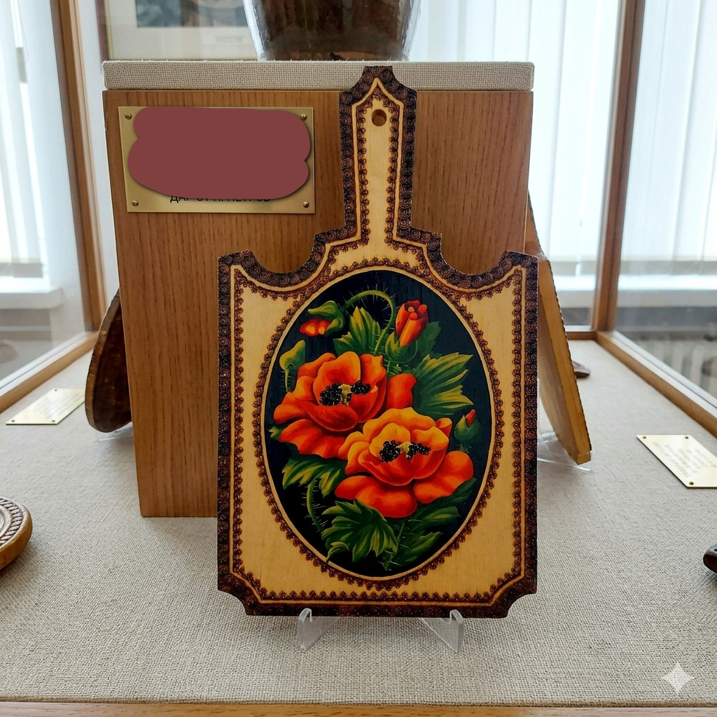 Vintage wooden cutting board from the USSR, hand-painted with poppies