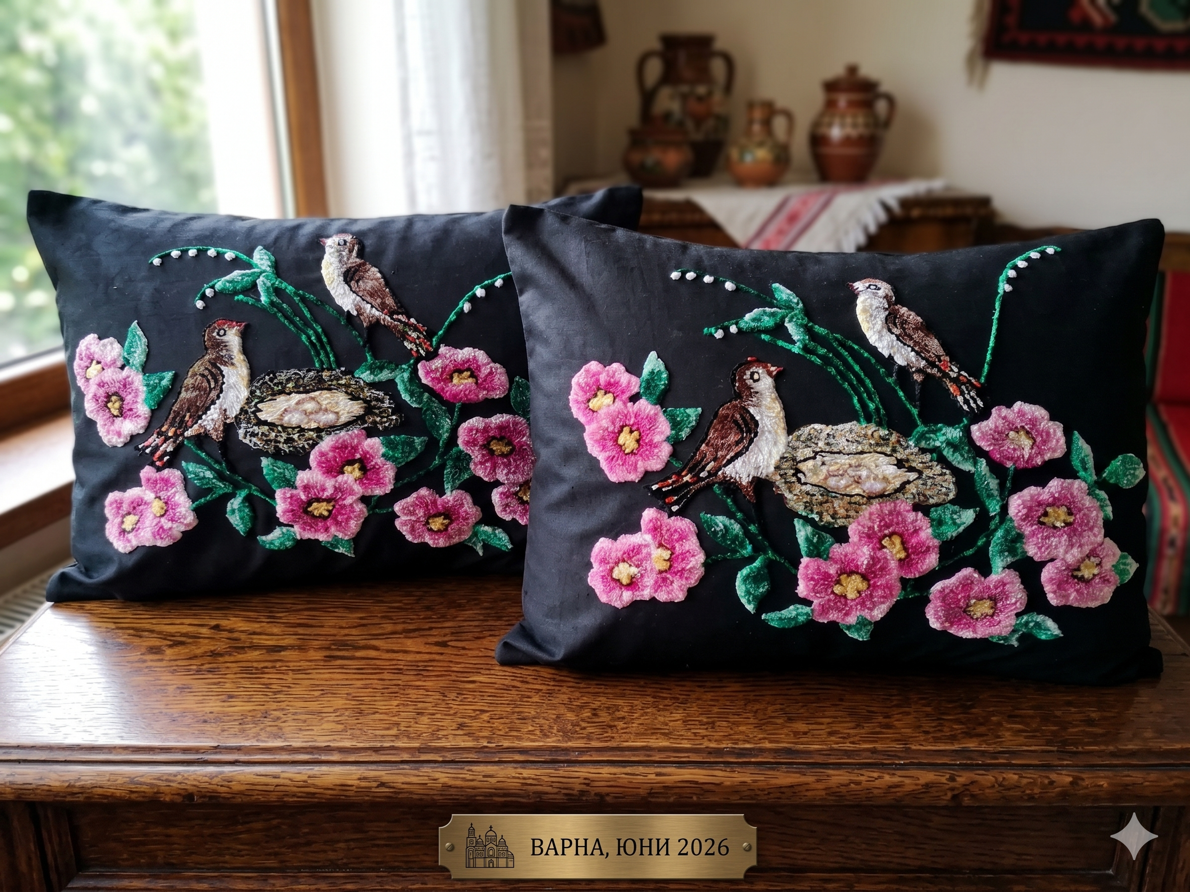Two uniquely beautiful vintage pillowcases, Decorative pillowcases with handmade velvet decoration