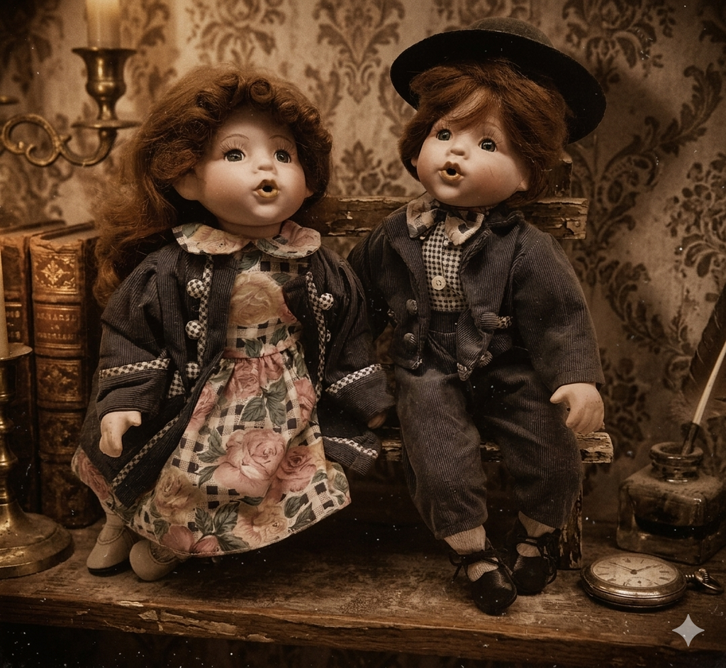 Vintage porcelain dolls - boy and girl on a wooden bench, from the 70s