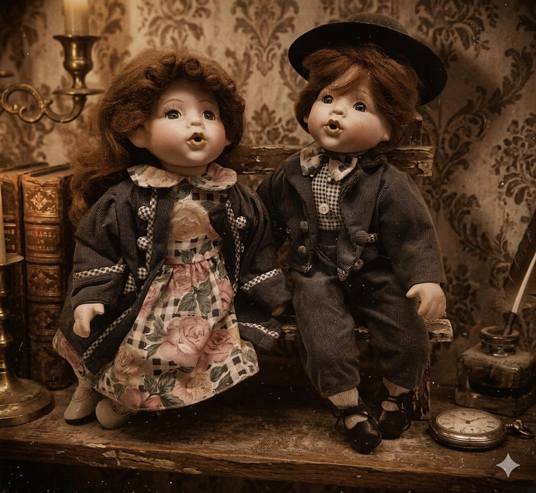 Vintage porcelain dolls - boy and girl on a wooden bench, from the 70s