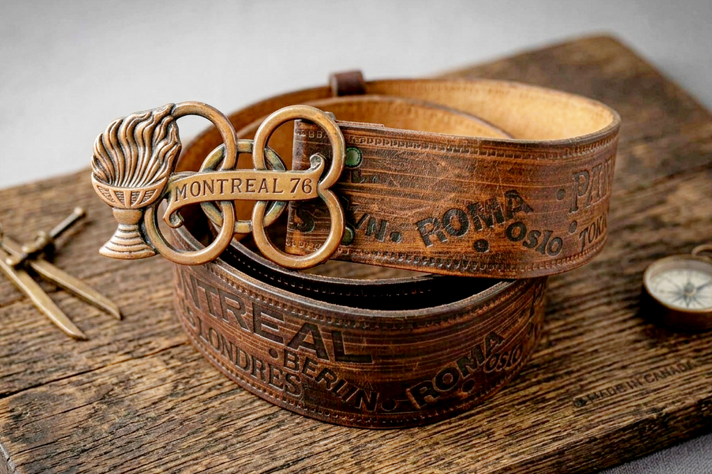 Vintage belt MONTREAL 76, Genuine leather belt with brass buckle