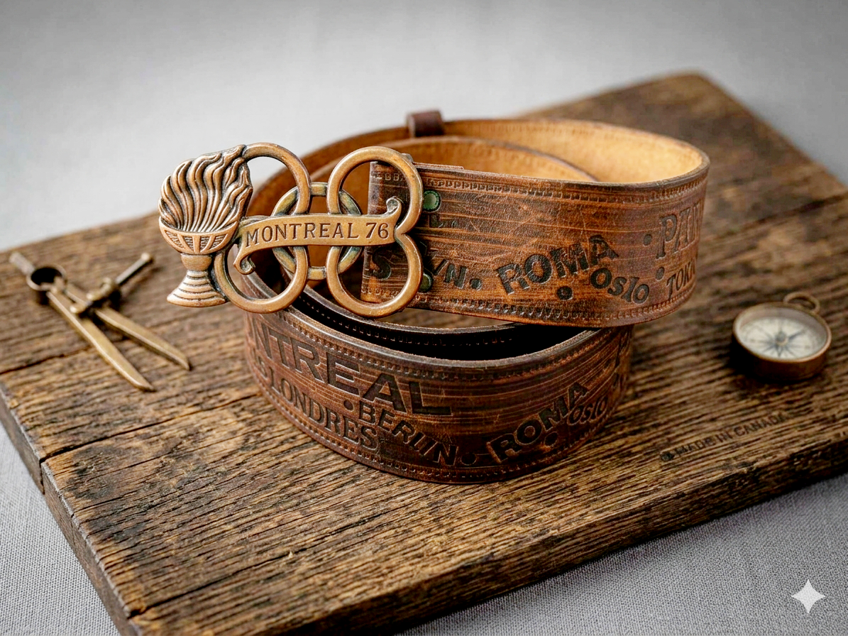 Vintage belt MONTREAL 76, Genuine leather belt with brass buckle