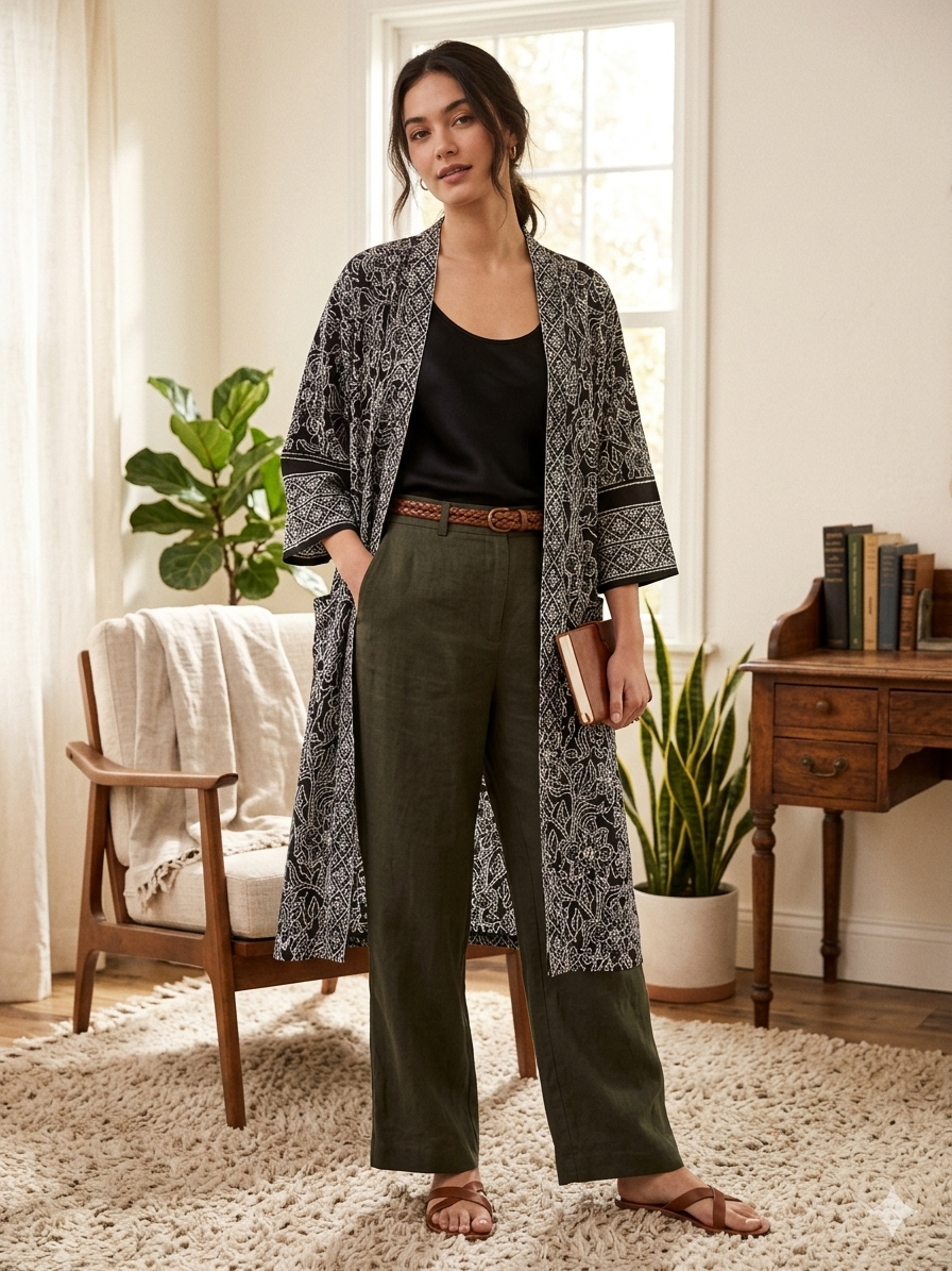 Vintage Moroccan Long Cardigan — Black & White arabesque floral pattern
