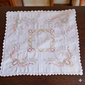 Vintage Hand-Embroidered Linen Doily – Roses & Rococo Scrolls with Lace Border