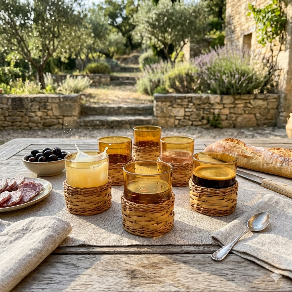 Set of 6 Vintage French Amber Glasses with Handwoven Rattan Stands