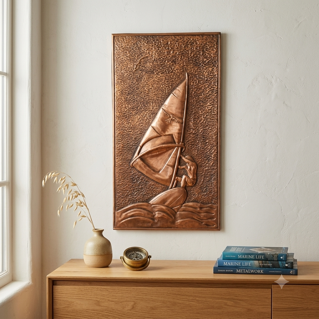 Vintage copper picture "Surfer", Handmade embossed copper decoration