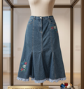 Vintage Denim Midi Skirt – Floral Embroidery & Gingham Ruffle Hem, Mermaid Silhouette