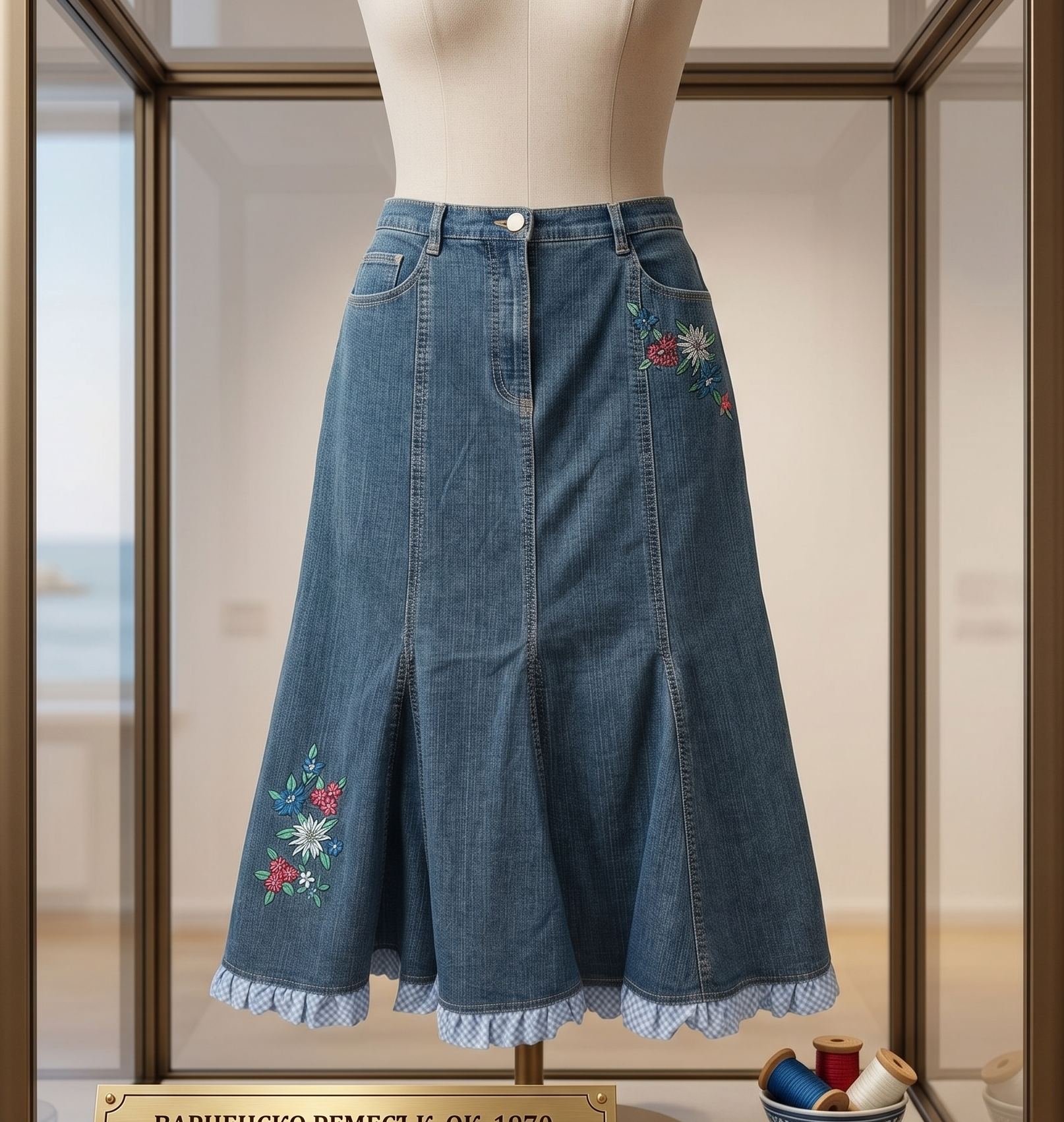 Vintage Denim Midi Skirt – Floral Embroidery & Gingham Ruffle Hem, Mermaid Silhouette