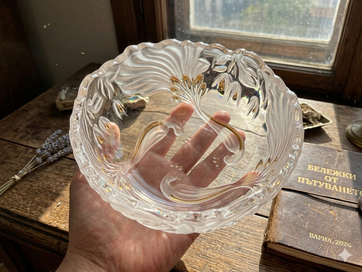 Rare vintage crystal bowl with peacocks and gold decoration