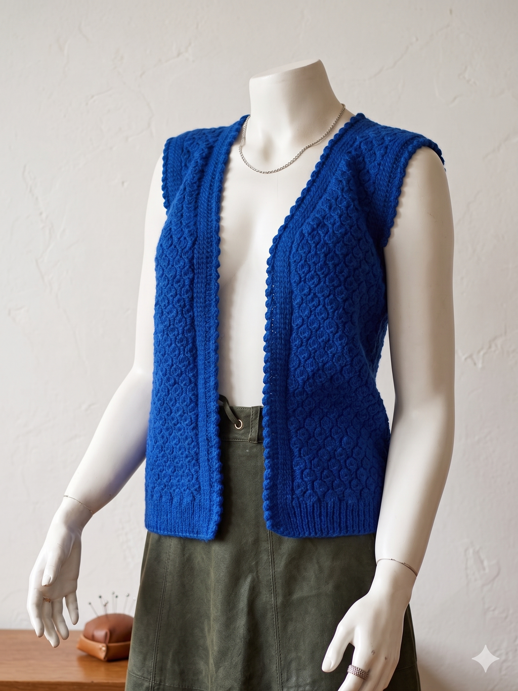 Vintage Hand-Knitted Wool Vest – Cobalt Blue Open Front