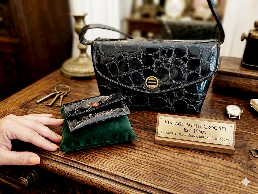 Vintage Black Embossed Handbag & Wallet Set, Retro Accessories for Her