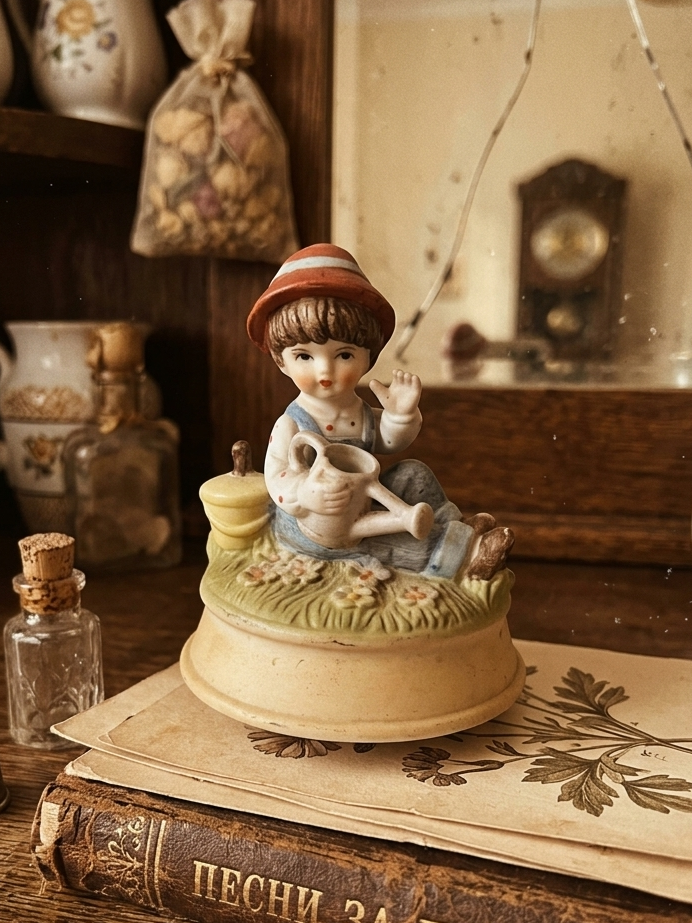 Rare porcelain musical figurine, vintage Japanese biscuit porcelain figure