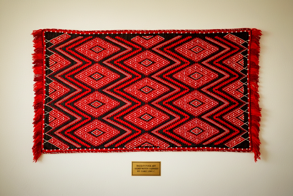 Vintage Hand-Woven Balkan Wall Tapestry – Red & Black Diamond Geometric Pattern