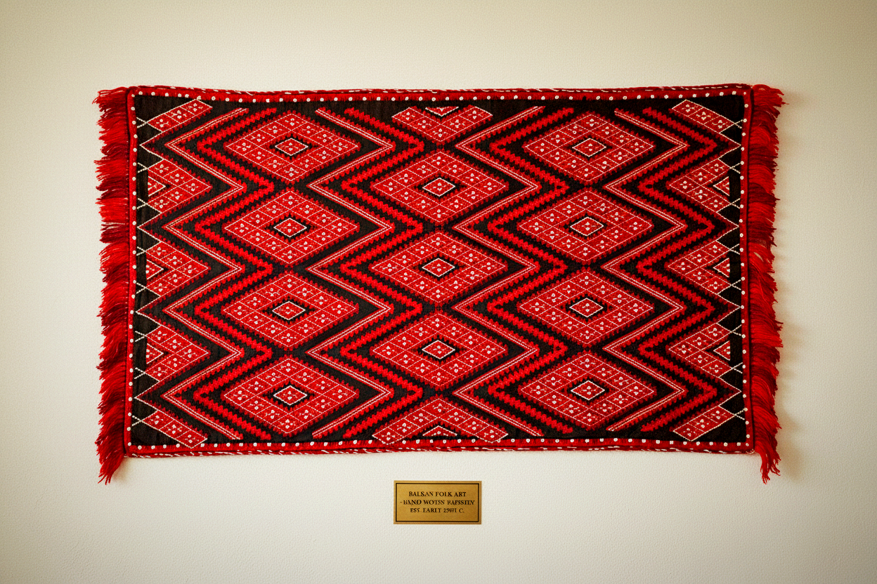 Vintage Hand-Woven Balkan Wall Tapestry – Red & Black Diamond Geometric Pattern