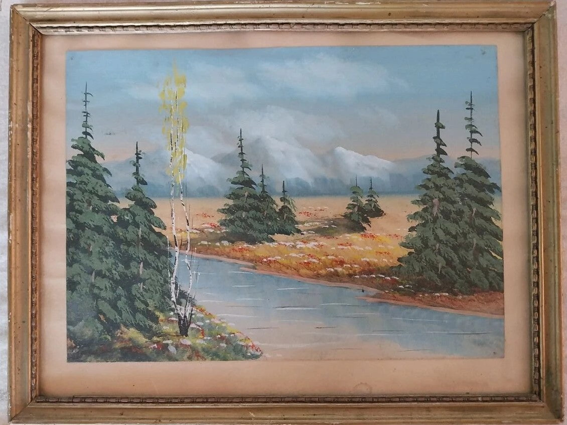 Vintage oil painting of autumn mountain landscape with river, spruce trees and birch in gilded frame