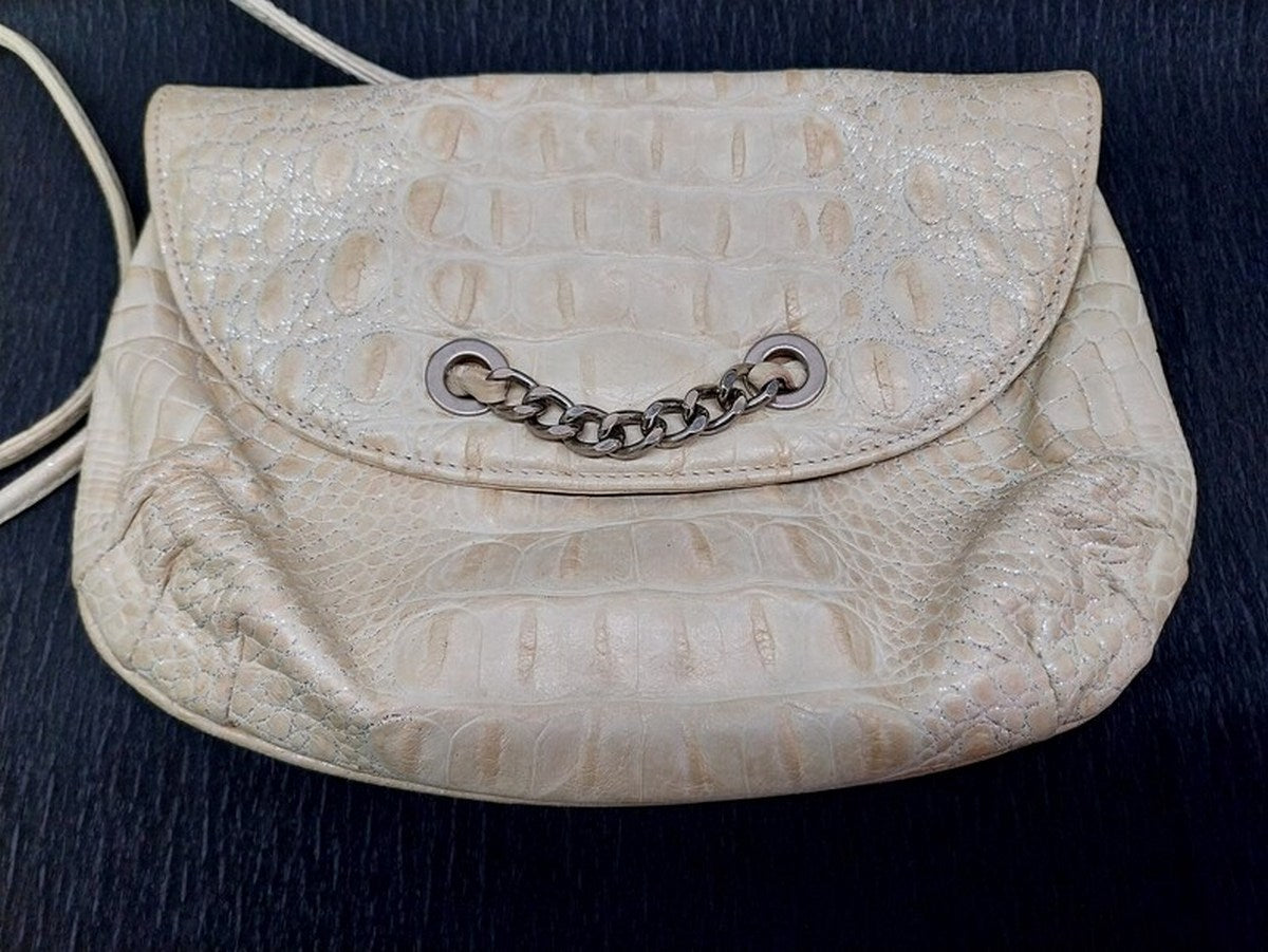 Vintage Italian leather bag "I Santi" cream color with silver brocade