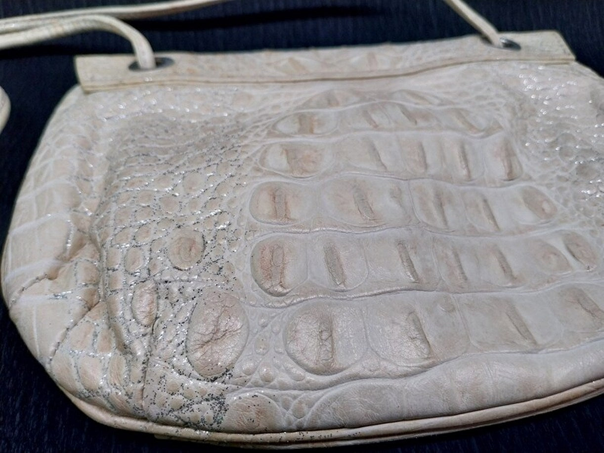 Vintage Italian leather bag "I Santi" cream color with silver brocade