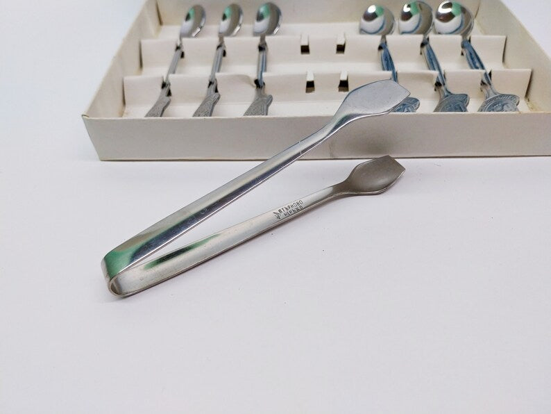 Bulgarian Chrome Coffee Spoons Set of 6 with Sugar Tongs in Box