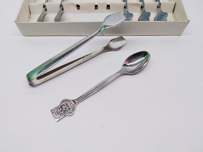 Bulgarian Chrome Coffee Spoons Set of 6 with Sugar Tongs in Box