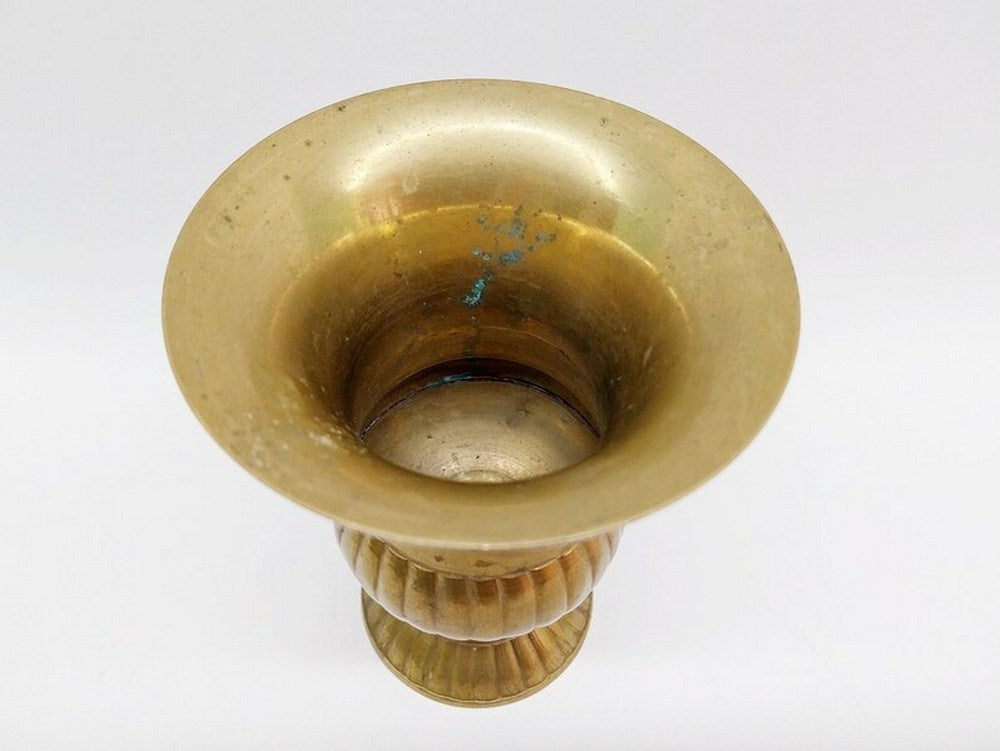 Antique Brass Vase — Ribbed Spiral Relief, Trumpet Neck