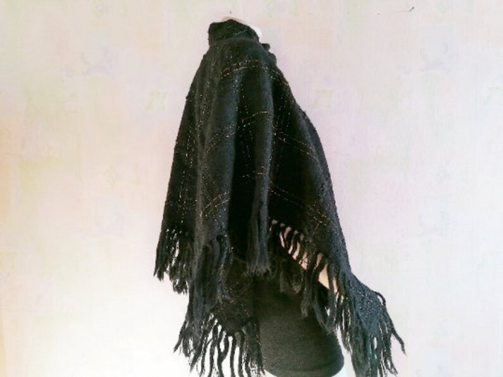 Arolan Kutomo Vintage Finnish Wool Poncho — Black with Gold Thread