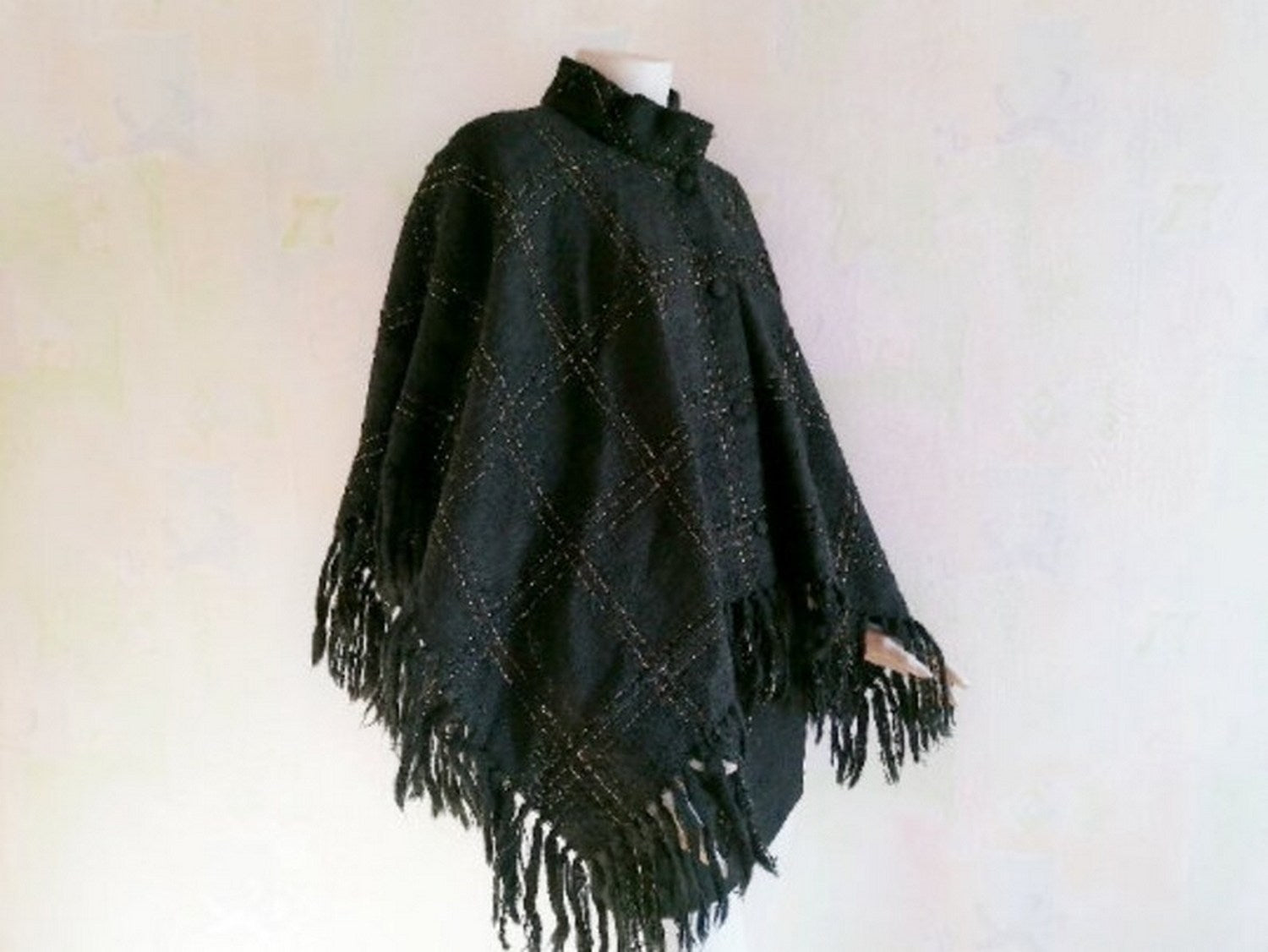 Arolan Kutomo Vintage Finnish Wool Poncho — Black with Gold Thread