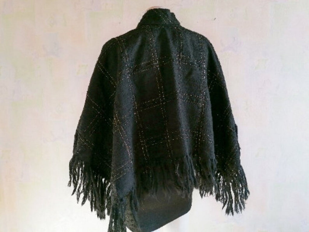 Arolan Kutomo Vintage Finnish Wool Poncho — Black with Gold Thread
