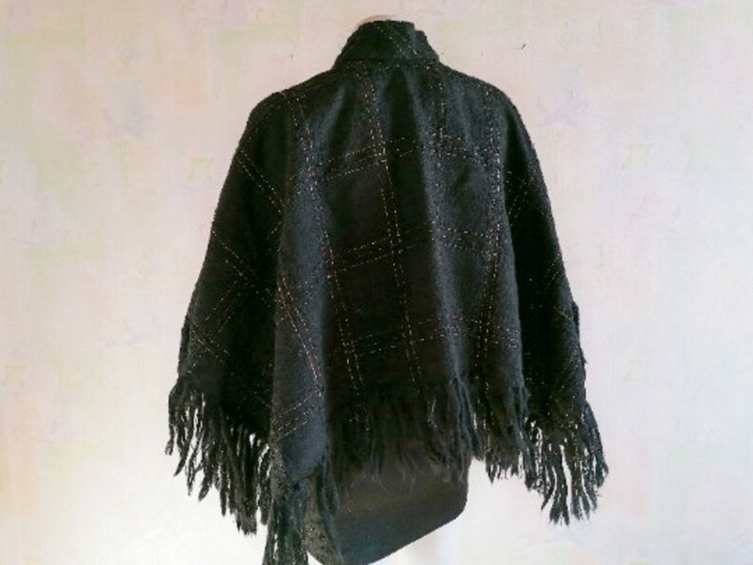 Arolan Kutomo Vintage Finnish Wool Poncho — Black with Gold Thread