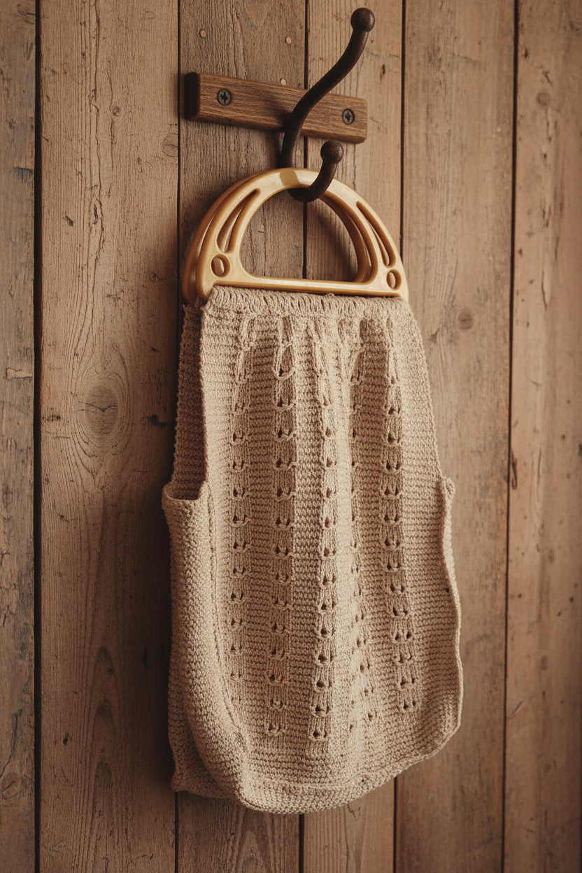 Handmade beige cotton knit bag with plastic D-shaped handles, vintage style