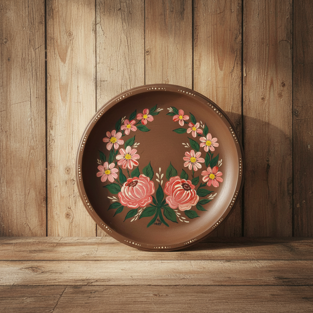Vintage hand-painted wooden plate with vibrant floral wreath in vintage setting