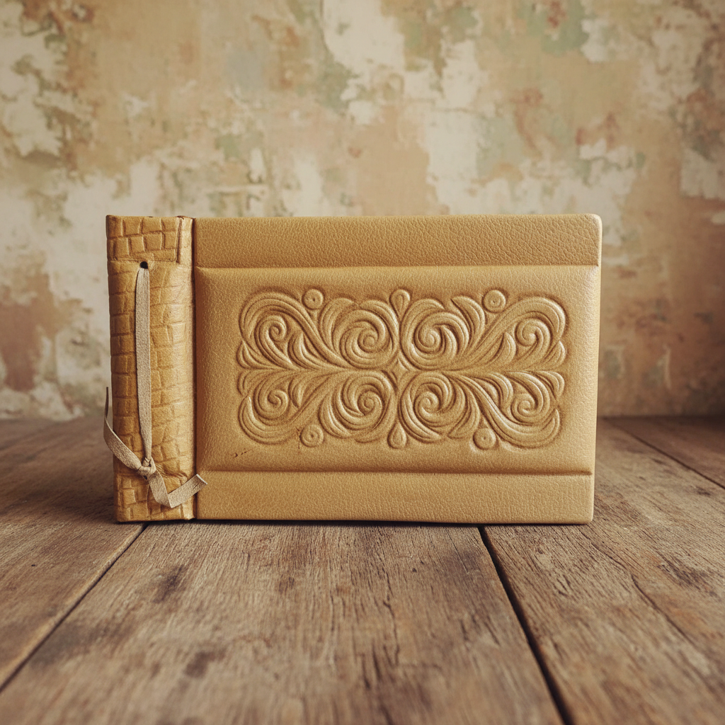 Vintage leather photo album with relief floral ornament