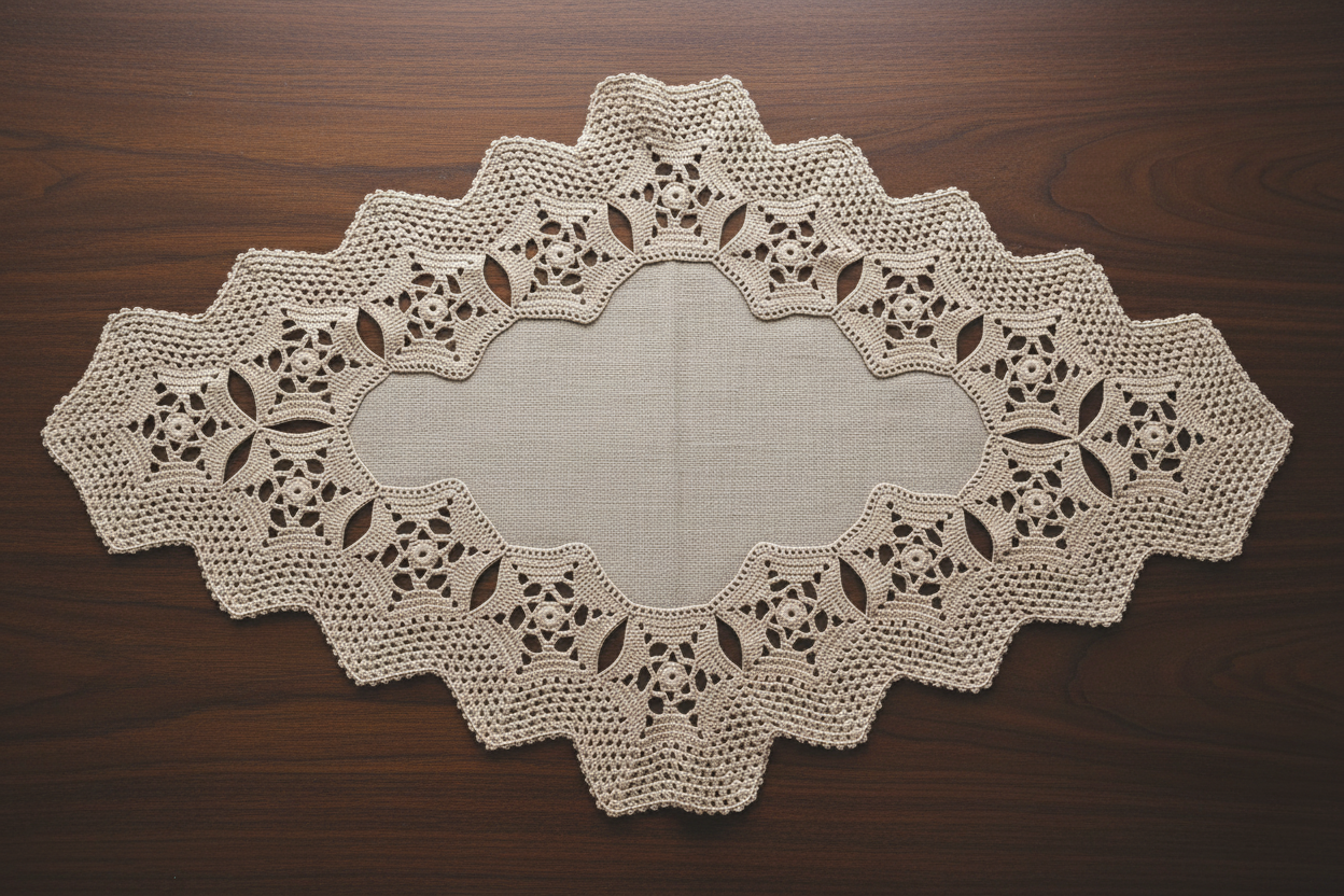 Vintage hand-crocheted oval linen doily with wide ecru lace border, top-down view on dark walnut table