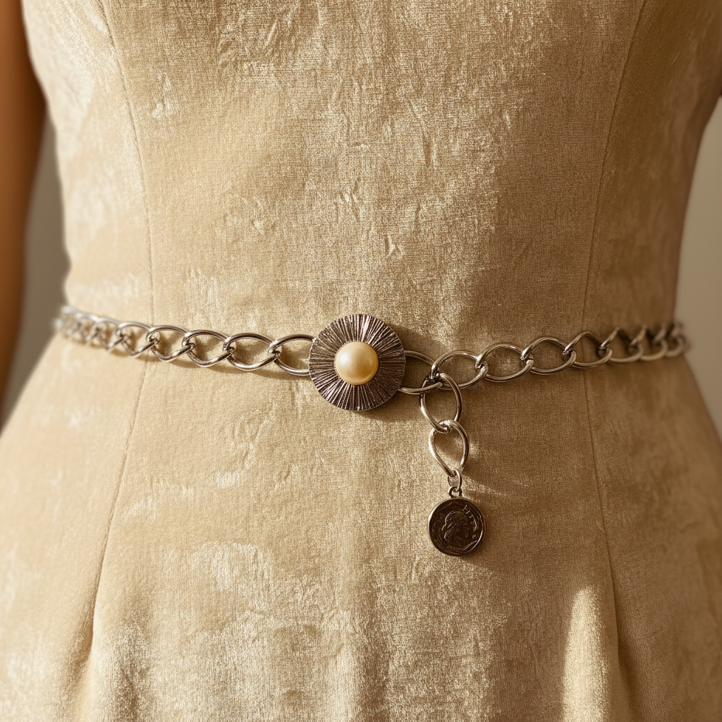 Close-up of vintage silver chain belt with sunburst pearl brooch and coin pendant worn at waist