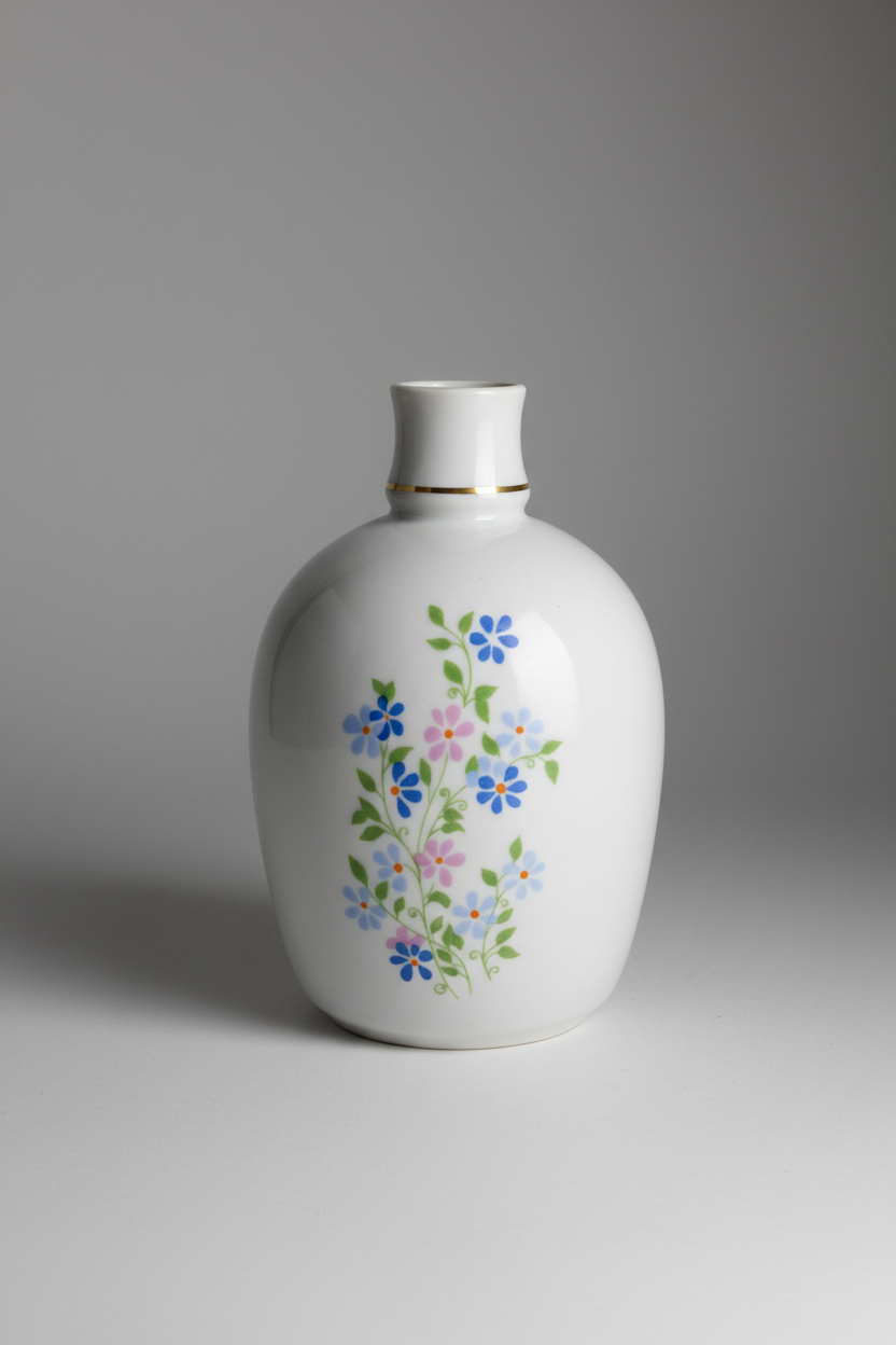 Vintage porcelain bottle vase with hand-painted floral motif and gold rim on grey background